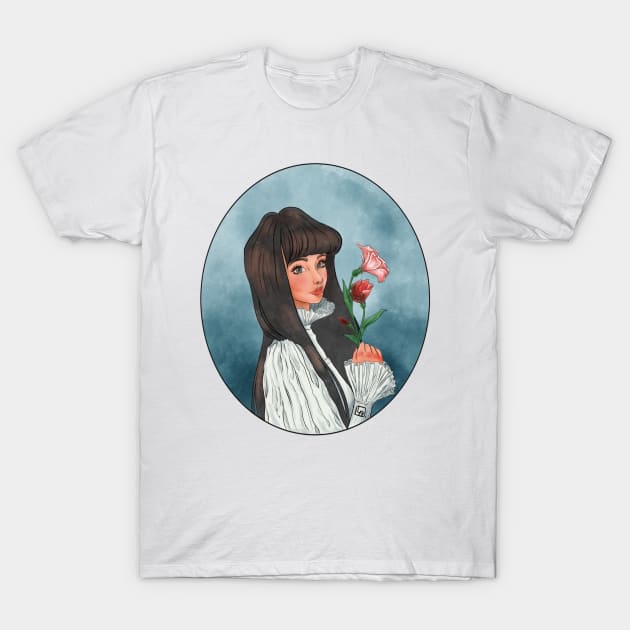 Cute Long black hair girl with flowers and innocent look with background T-Shirt by DNightOwl